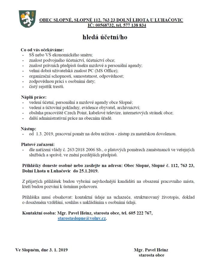 Nabídka práce - účetní OÚ Slopné